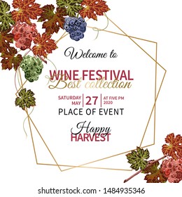 Colorful background with grapes and vine for wine festival. Vector banner with lettering. Harvesting, wine tasting, decoration of the restaurant or bar menu.