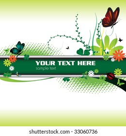 Colorful background with green banner, small flowers, green clovers, red ladybird and butterflies