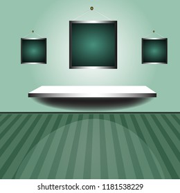 Colorful background with a green interior with three empty frames and a shelf