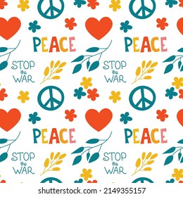 Colorful background with green, yellow, orange, and red vector elements. Seamless pattern with pacifistic symbols and signs. Peace and stop the war hand lettering.