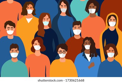 Colorful Background Of A Group Of Diverse People Wearing Face Masks During The Covid-19 Pandemic Facing Towards The Viewer, Colored Vector Illustration