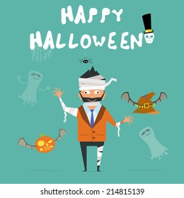 colorful background halloween. man celebrating Halloween in costume mummy. vector illustration in a flat style.