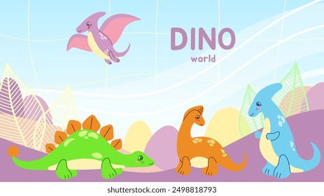 Colorful background with hand drawn dinosaurs. Vector illustration for kids