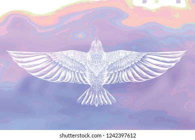 Colorful background with hand drawn flying dove. Symbol of freedom and peace. White bird in the cloudy sky. Romantic background for love couple