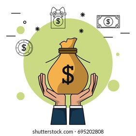 colorful background of hands holding up money bag