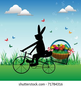 Colorful background with happy bunny bringing on his bicycle colored eggs for Easter