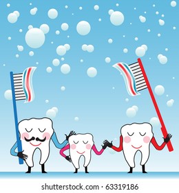 Colorful background with happy tooth family holding their toothbrushes with toothpaste. Mouth hygiene theme