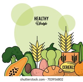 colorful background of healthy lifestyle with set of fruit vegetables and cereals