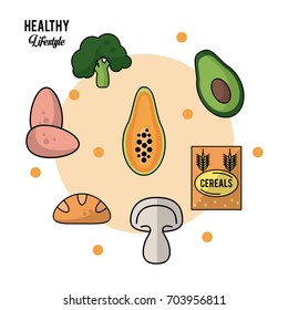 colorful background of healthy lifestyle with set of food eggs broccoli avocado papaya bread cereals and mushroom