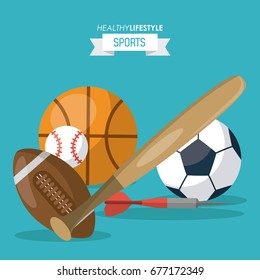 colorful background of healthy lifestyle sports with balls of basketball football soccer baseball and dart