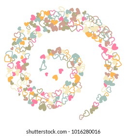 Colorful background with heart confetti. Valentine's day greeting card or wedding background party design. Flat style vector illustration with heart doodles confetti love symbols in pastel colors.