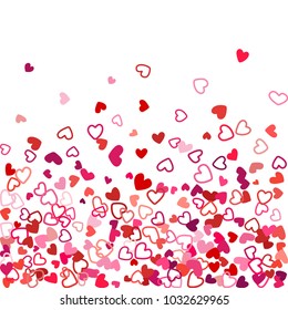 Colorful background with heart confetti. Valentine's day greeting card or wedding background party design. Flat style vector illustration with heart doodles confetti love symbols in red, cherry.