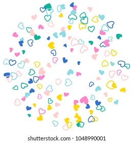 Colorful background with heart confetti. Valentine's day greeting card or wedding background party design. Flat style vector illustration with heart doodles confetti love symbols in memphis style.