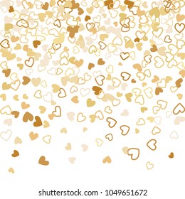 Colorful background with heart confetti. Valentine's day greeting card or wedding background party design. Flat style vector illustration with heart doodles confetti love symbols in gold.