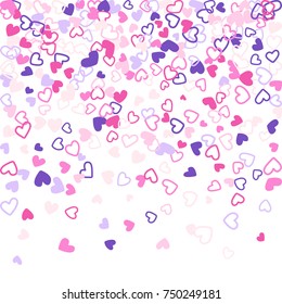 Colorful background with heart confetti. Valentine's day greeting card or wedding background party design. Flat style vector illustration with heart doodles confetti love symbols in pink, violet.