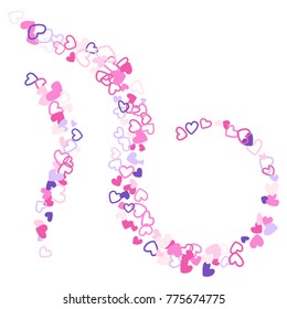 Colorful background with heart confetti. Valentine's day greeting card or wedding background party design. Flat style vector illustration with heart doodles confetti love symbols in pink, violet.