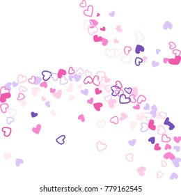 Colorful background with heart confetti. Valentine's day greeting card or wedding background party design. Flat style vector illustration with heart doodles confetti love symbols in pink, violet.