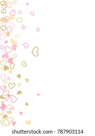 Colorful background with heart confetti. Valentine's day greeting card or wedding background party design. Flat style vector illustration with heart doodles confetti love symbols in rose gold.