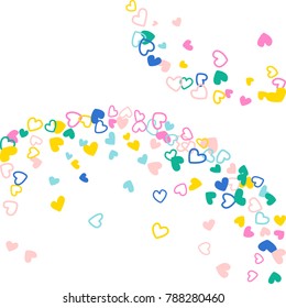 Colorful background with heart confetti. Valentine's day greeting card or wedding background party design. Flat style vector illustration with heart doodles confetti love symbols in memphis style.