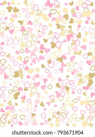 Colorful background with heart confetti. Valentine's day greeting card or wedding background party design. Flat style vector illustration with heart doodles confetti love symbols in rose gold.