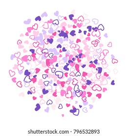 Colorful background with heart confetti. Valentine's day greeting card or wedding background party design. Flat style vector illustration with heart doodles confetti love symbols in pink, violet.