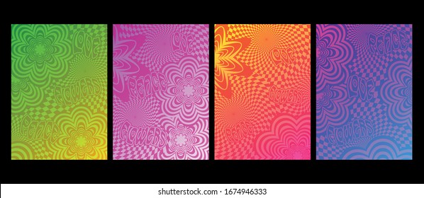 Colorful Background Hippie Style Ornaments, Love, Flowers, Optical Illusion Patterns