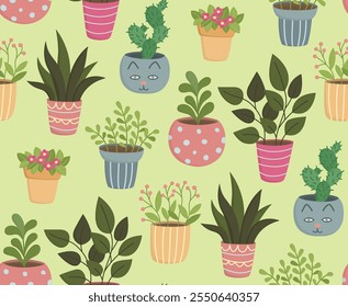 Colorful background with house plants in pots. Seamless green pattern with cute flowerpots	