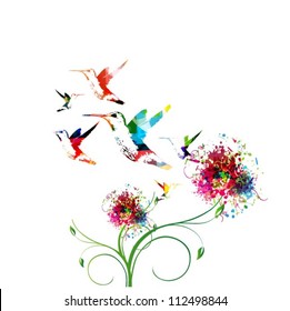 Colorful background with hummingbirds.Vector