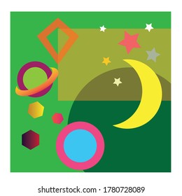 colorful background icon of the moon, stars, circle of planets. vector design