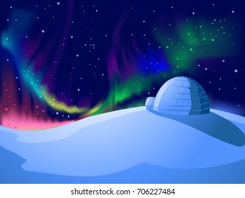 Colorful Background Illustration Featuring Auroras Dancing Over a Snow Covered Mountain