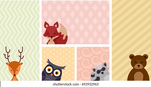 Colorful Background Illustration Featuring Common Woodland Animals Like Deer, Foxes, Owls, Raccoons, and Brown Bears