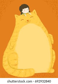 Colorful Background Illustration Featuring a Cute Little Girl Riding on Top of a Giant Cat With a Wide Belly