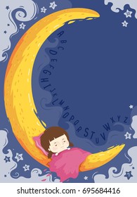 Colorful Background Illustration Featuring a Cute Little Girl Sleeping on a Crescent Moon