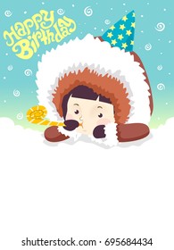 Colorful Background Illustration Featuring a Cute Little Boy in Winter Clothes With the Words Happy Birthday Written Above Him