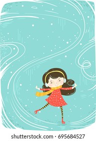 Colorful Background Illustration Featuring a Cute Little Girl in Winter Clothes Skating on Ice