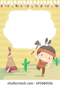 Colorful Background Illustration Featuring a Cute Little Boy Dressed Like a Native American Doing a Little Dance