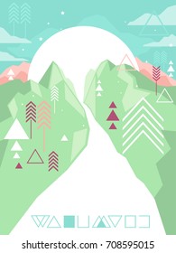 Colorful Background Illustration Featuring a Long Stretch of Road Decorated With Geometric Lines and Shapes