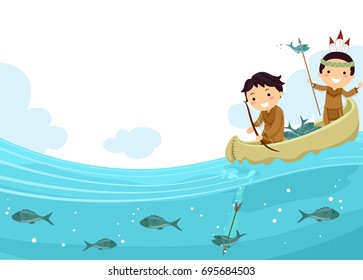 Colorful Background Illustration Featuring Stickman Kids Dressed Like Native Americans Fishing Using a Spear and a Bow and Arrow