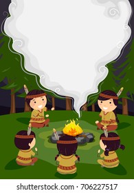 Colorful Background Illustration Featuring Stickman Kids in Native American Costumes Gathered Around a Bonfire Listening to a Story