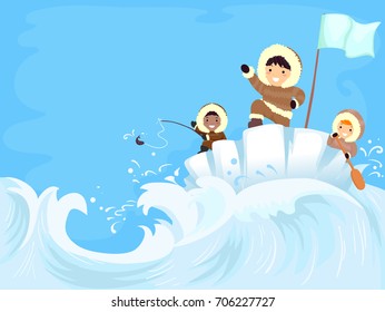 Colorful Background Illustration Featuring Stickman Kids in Parkas Fishing on Frozen Seas