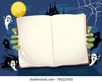 Colorful Background Illustration Featuring a Zombie Holding an Open Book While Ghosts Play Around in the Background