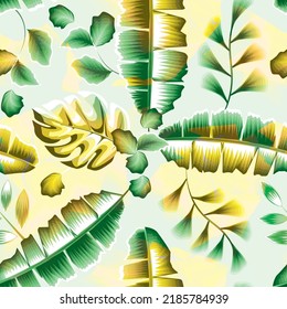 colorful background illustration seamless pattern with tropical banana monstera leaves and plants foliage on abstract texture. cute wallpaper. Exotic tropics. Summer design. geometric background.