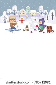 Colorful background with the image of children on winter walk. Vector illustration.