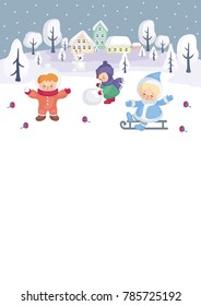 Colorful background with the image of children on winter walk. Vector illustration.
