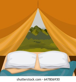 colorful background interior camping tent with pad and landscape scenary outside vector illustration