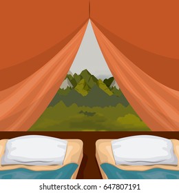 colorful background interior camping tent with double pad and landscape scenary outside vector illustration