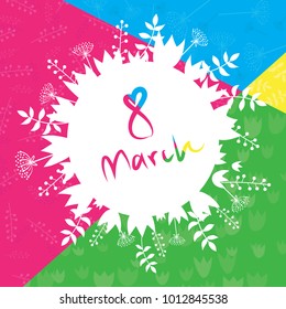 Colorful background for international womens day. Pink, blue, yellow, green colors. Floral wreath of leaves and flowers