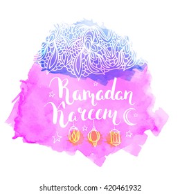 Colorful background with islamic ornament. Vector watercolor. Calligraphy. Ink hand drawn inscription Ramadan Kareem. Brush lettering. Arabic lanterns.