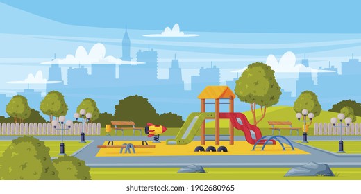 Colorful Background With Kids Playground As Urban Summer Public Area For Playing Vector Illustration