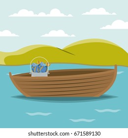 colorful background lake landscape and fishing boat and bucket with fish vector illustration